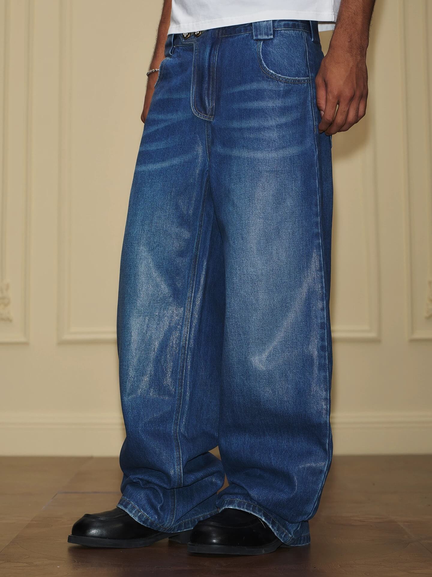 YADcrew PU Jelly Finish Washed Flared Denim Jeans