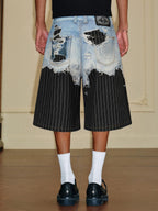 YADcrew Denim Stripe 3D Digital Print Shorts