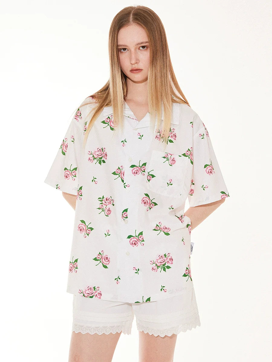 EMPTY REFERENCE Rose Floral Print Short Sleeve Shirt
