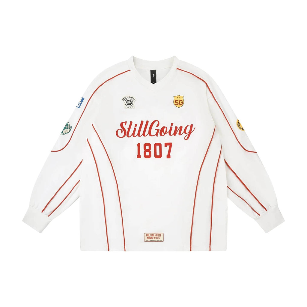 1807 Patchwork Print V Neck Long Sleeve Hockey Jersey
