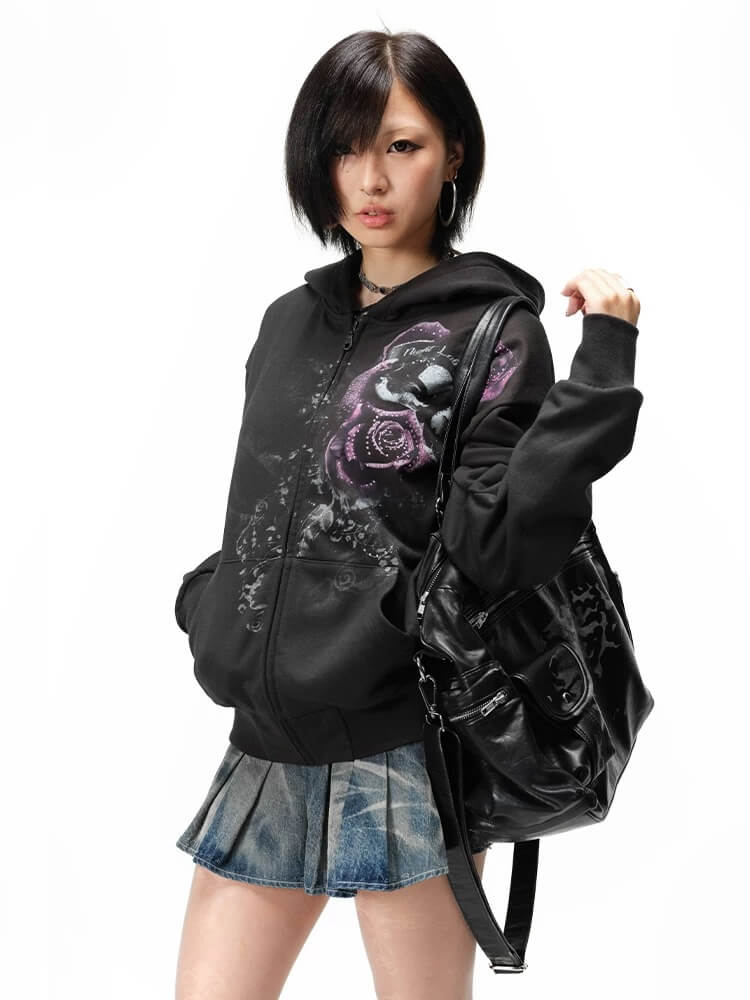 Night Lab Rose Skull Rhinestone Zip Up Hoodie