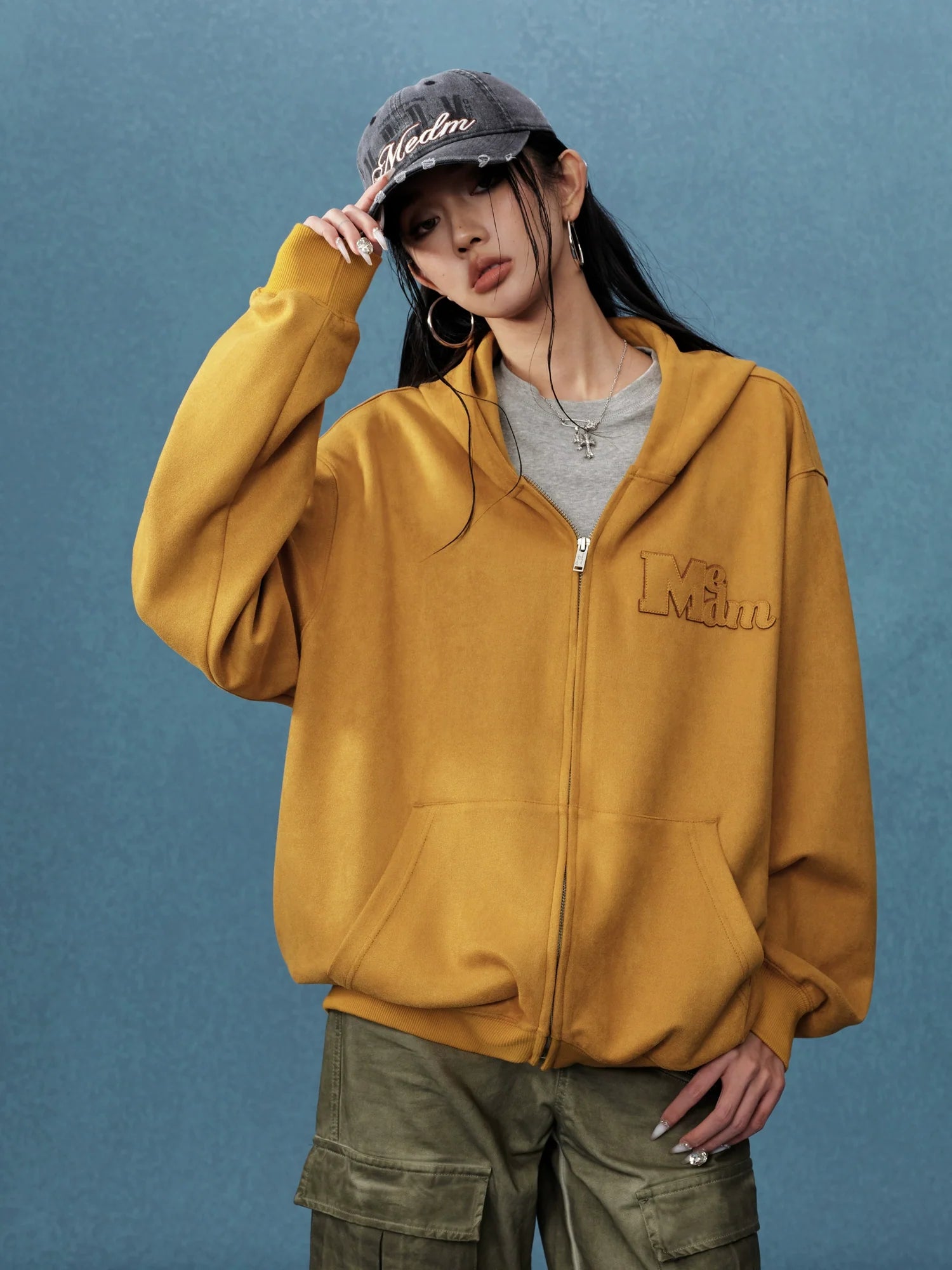 MEDM Suede Logo Patch Zip-Up Hoodie