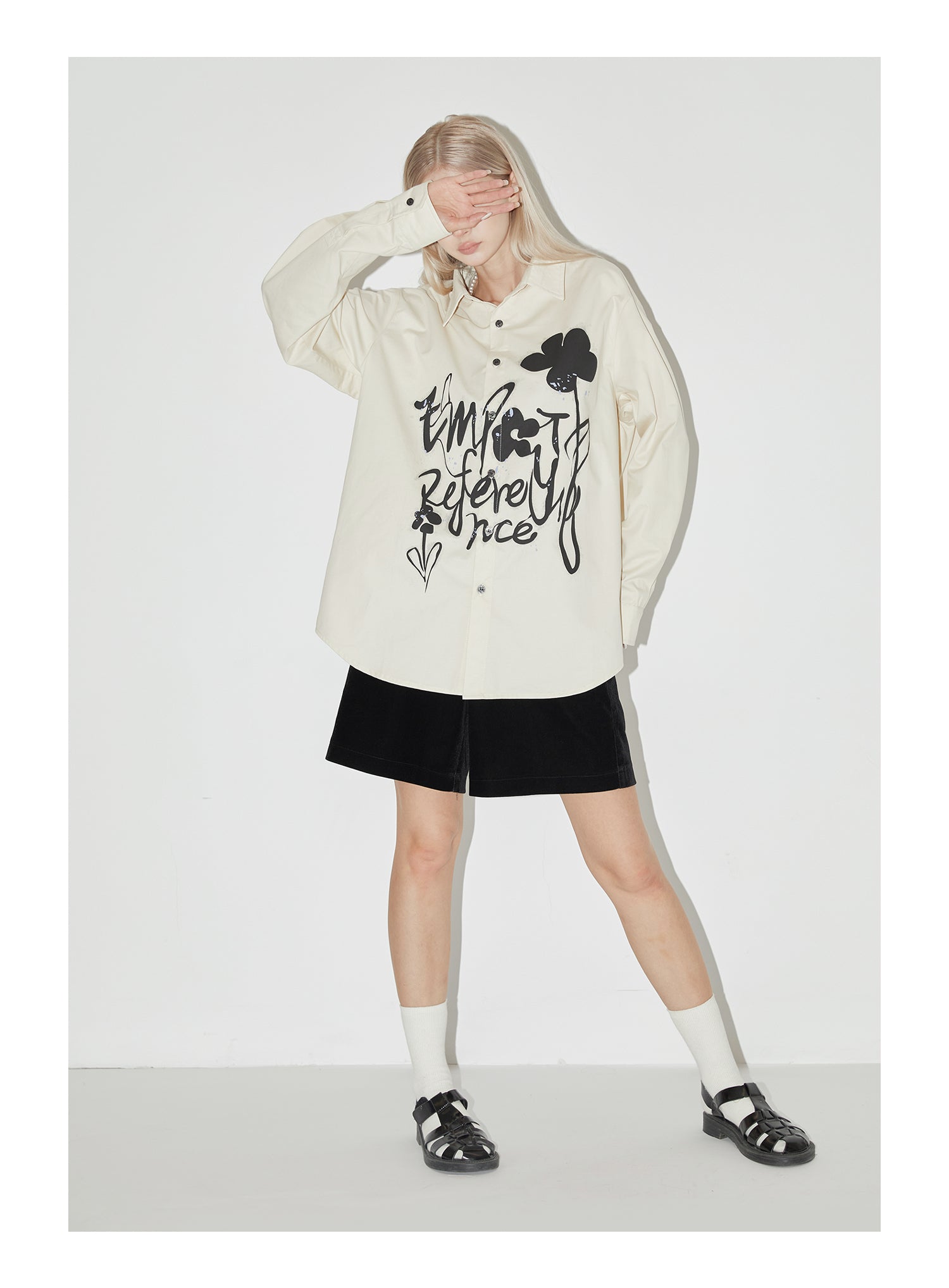 EMPTY REFERENCE Ink Graffiti Flower Print Long Sleeved Shirt