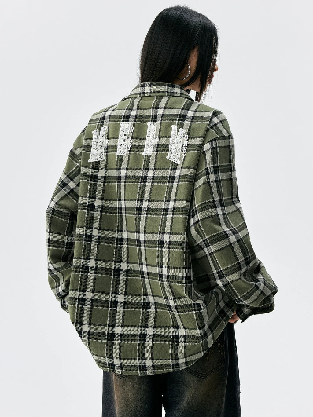 MEDM Green Pearl Embroidery Plaid Long Sleeve Shirt