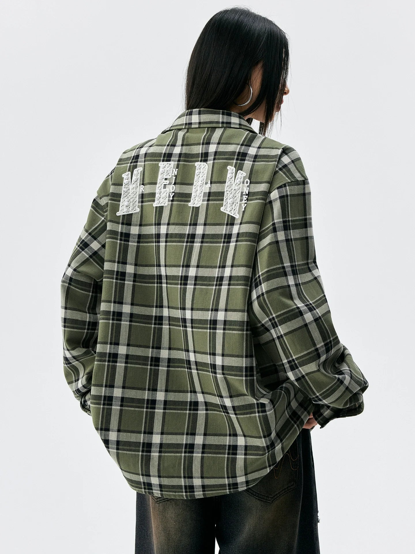 MEDM Green Pearl Embroidery Plaid Long Sleeve Shirt