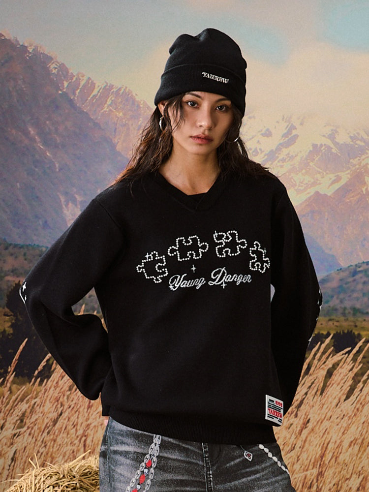 YADcrew Puzzle Pearl Jacquard Slogan Knit Sweater