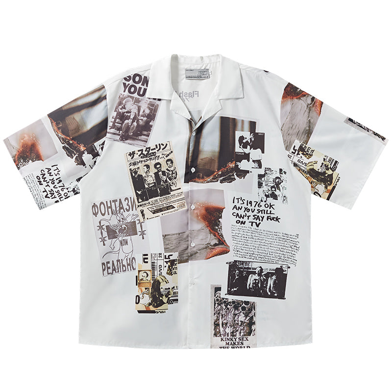Harsh and Cruel Vintage Newspaper Print Cuban Shirt