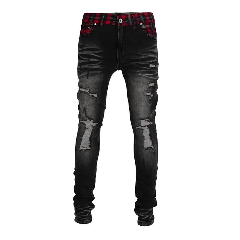 TGFCLUB Plaid Patchwork Waistband Skinny Jeans