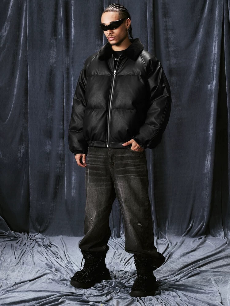 1807 Fur Collar PU Leather Down Jacket