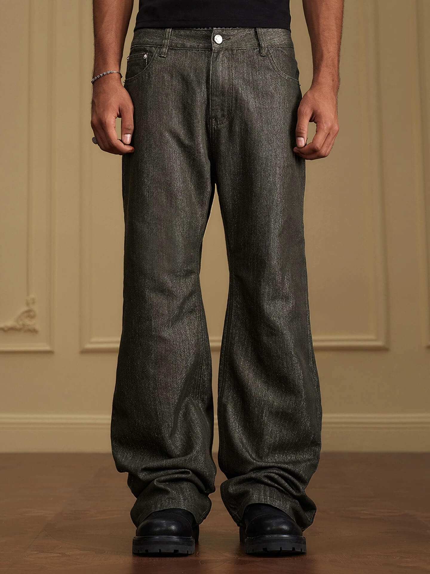 YADcrew Olive Green Metallic Thread Jeans