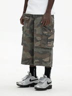 UNTILWERICH Washed Camo Multi Pocket Wide Cargo Below Knee Shorts