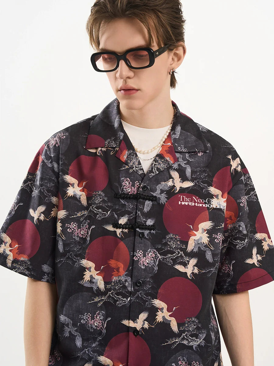Harsh and Cruel Crane Print Knots Cuban Shirt