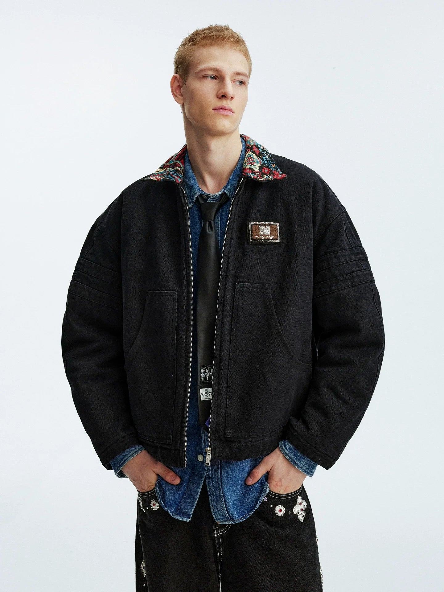 MEDM Ethnic Collar Patch Pocket Quilted Lined Work Jacket