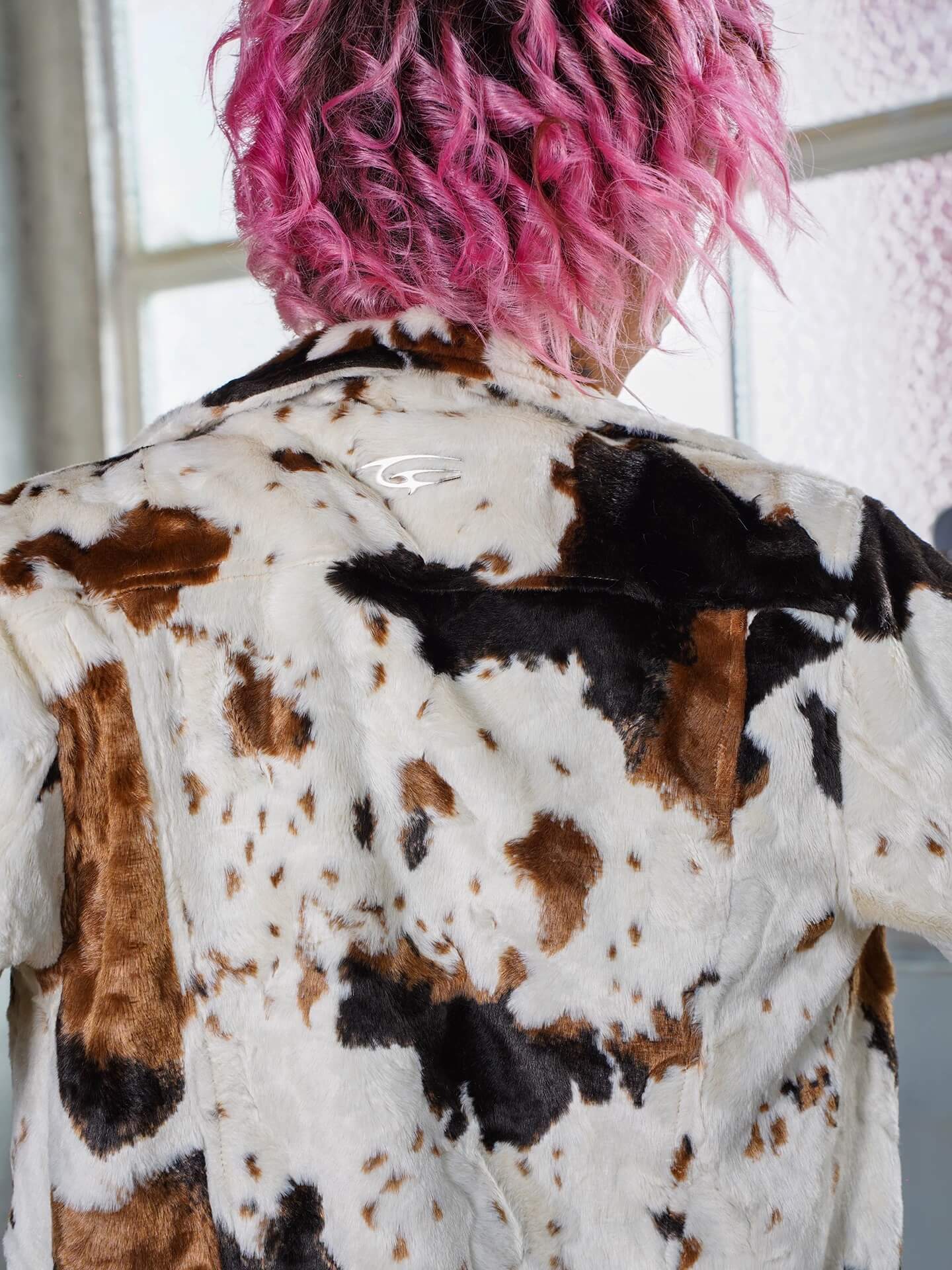 TGFCLUB Cow Print Faux Fur Leather Slim Fit Jacket