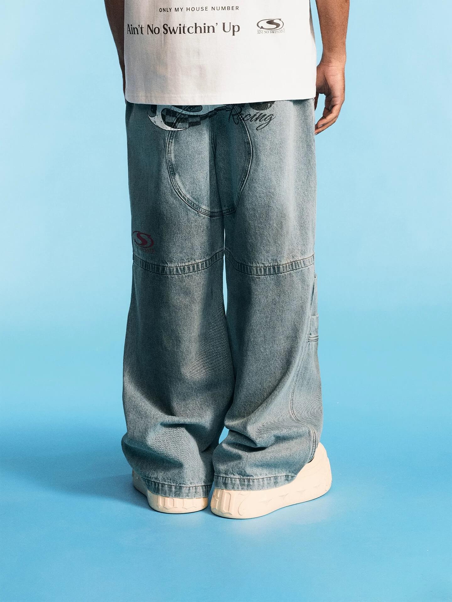 1807 Racing Crackle Print Washed Baggy Jeans