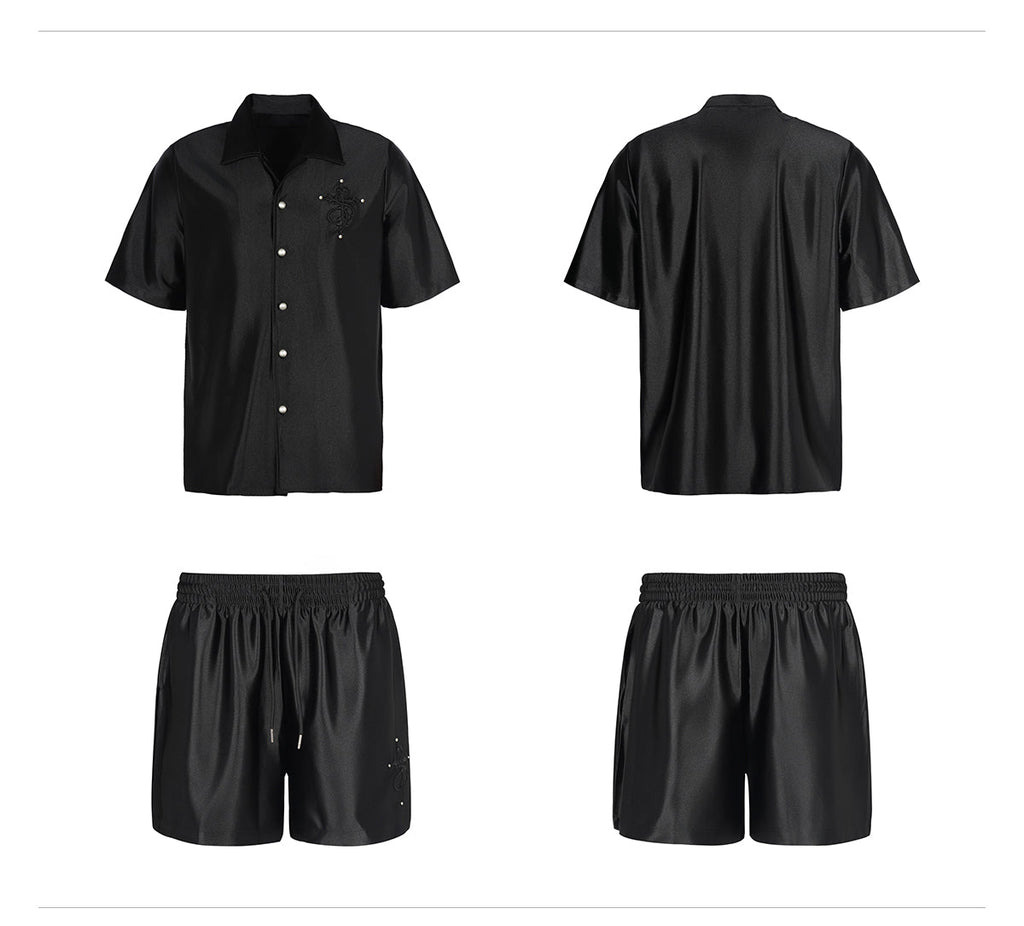 Small Town Kid 3D Cross Embroidered Satin Cuban Shirt Set