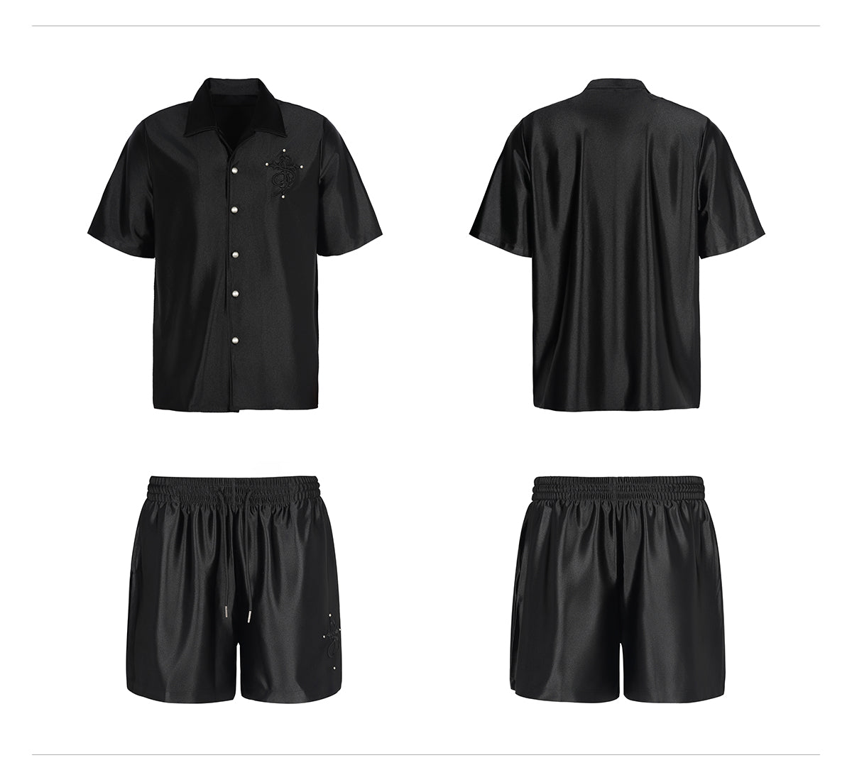 Small Town Kid 3D Cross Embroidered Satin Cuban Shirt Set