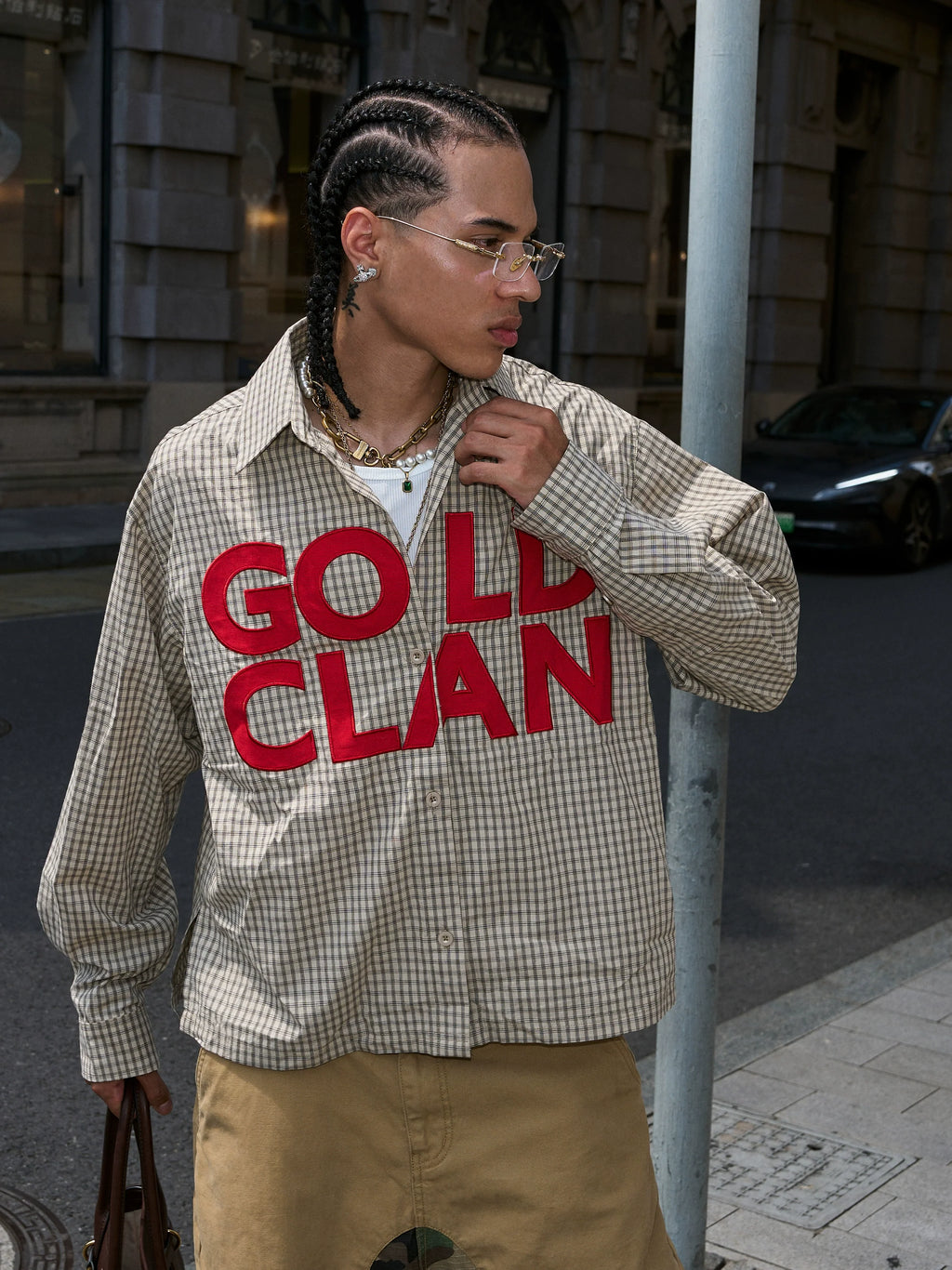 STEEPC Plaid Patch Embroidered Long Sleeve Shirt