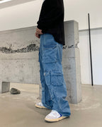 F3F Select Multi Pocket Washed Denim Cargo Pants
