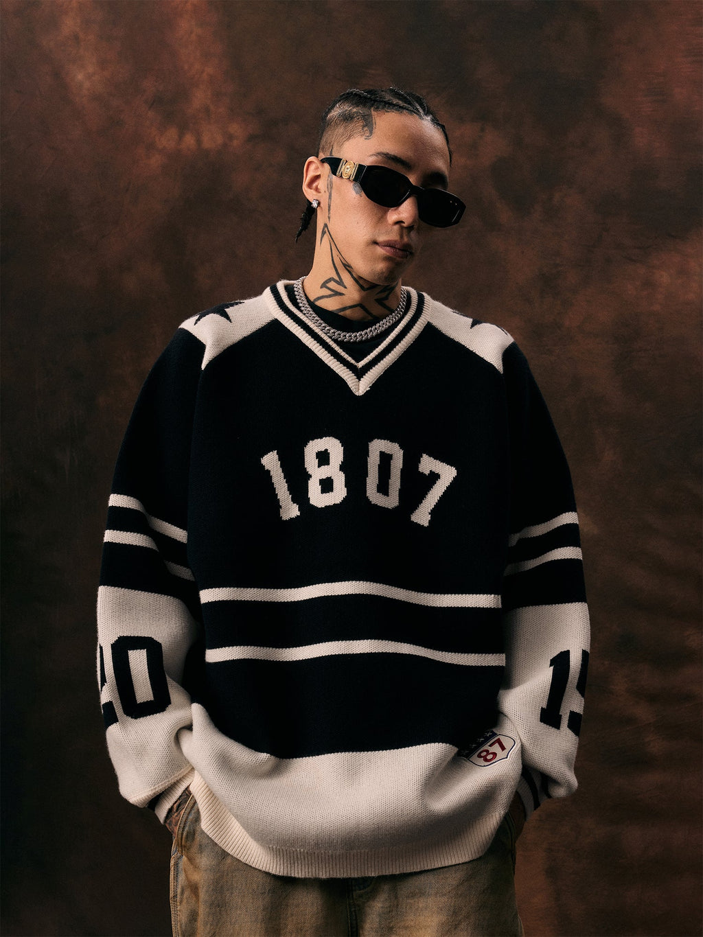 1807 Black & White Striped Hockey Jersey Knit Sweater