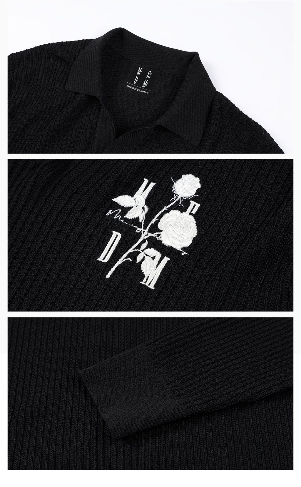 MEDM Rose Embroidered Textured Stripe Knit Long Sleeve Polo