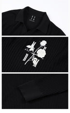 MEDM Rose Embroidered Textured Stripe Knit Long Sleeve Polo