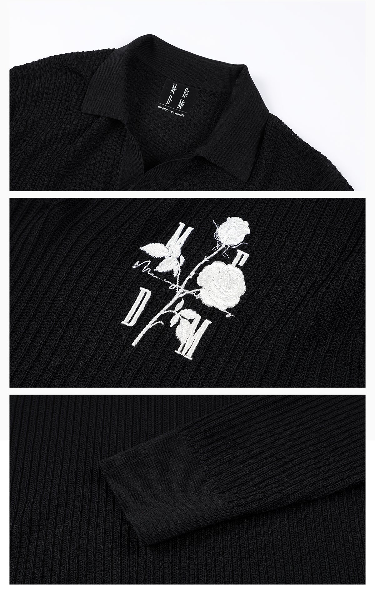 MEDM Rose Embroidered Textured Stripe Knit Long Sleeve Polo