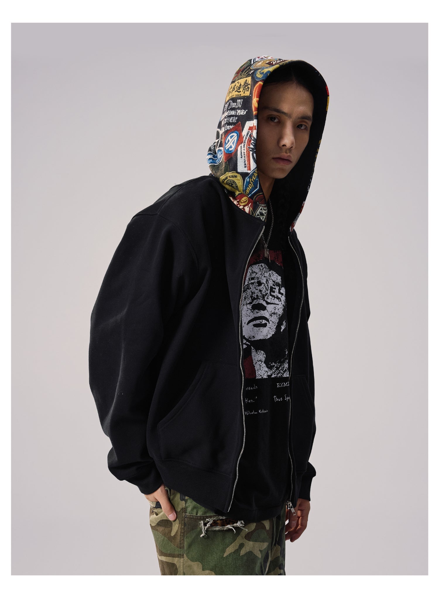Remedy Badge Print Hood Zip Up Hoodie