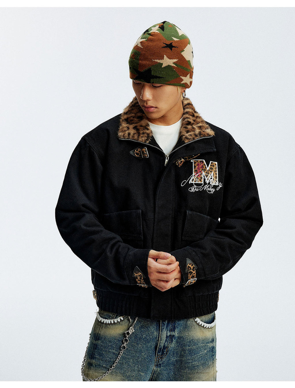 MEDM Leopard Collar Belted Work Jacket