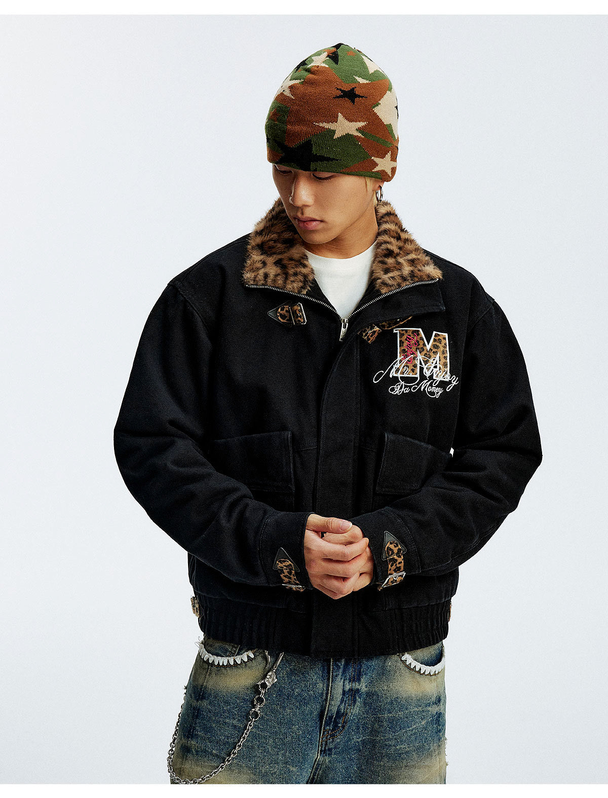 MEDM Leopard Collar Belted Work Jacket
