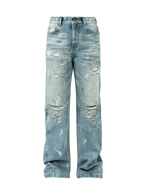 ANTIDOTE Washed Ripped Holes Light Blue Flared Jeans