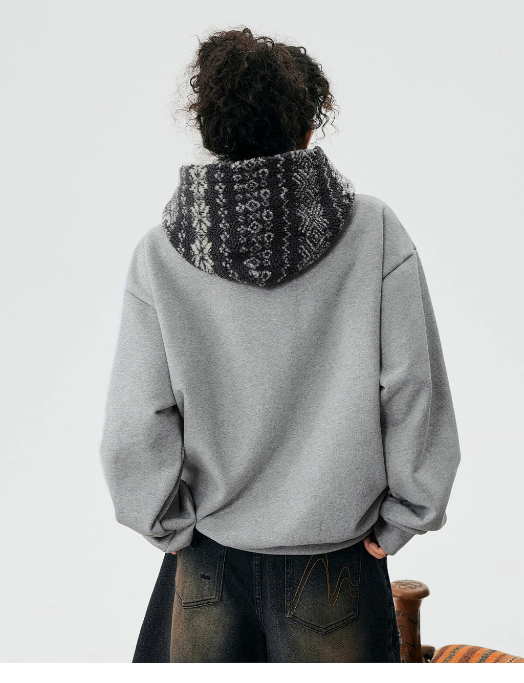 MEDM Patterned Sherpa Hood Patchwork Hoodie