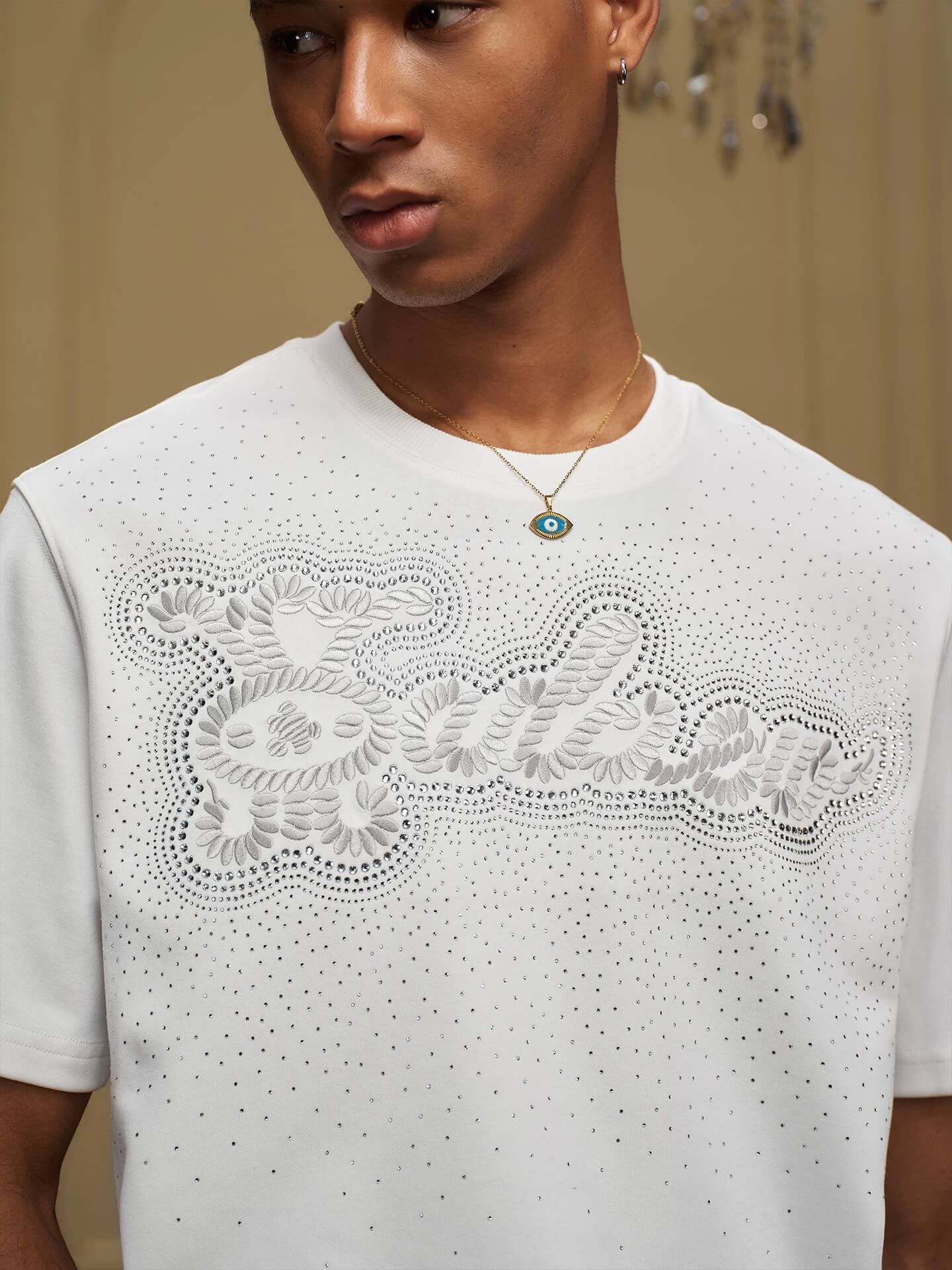 YADcrew Galaxy Rhinestone 3D Logo Embroidered Tee