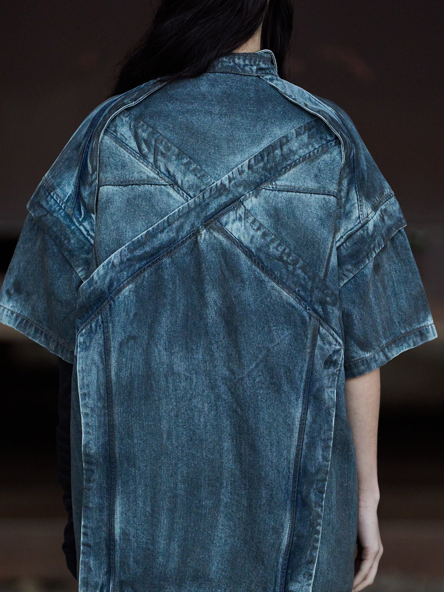 BLIND NO PLAN Washed & Distressed Denim Short Sleeve Shirt