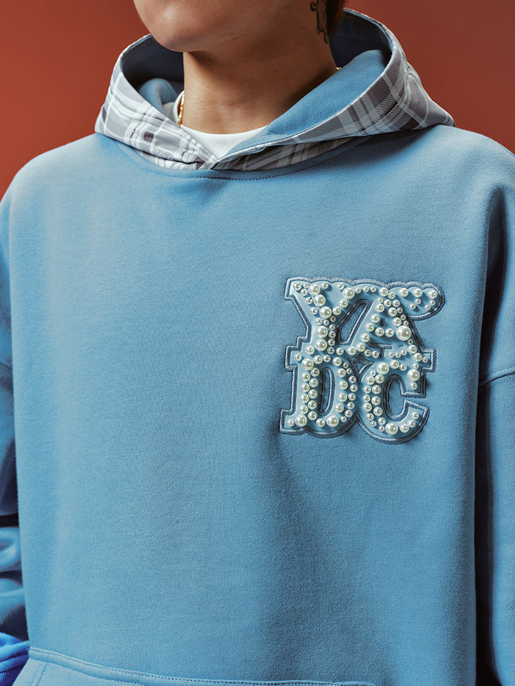YADcrew Twisted Plaid Hood Pearl Leather Logo Hoodie