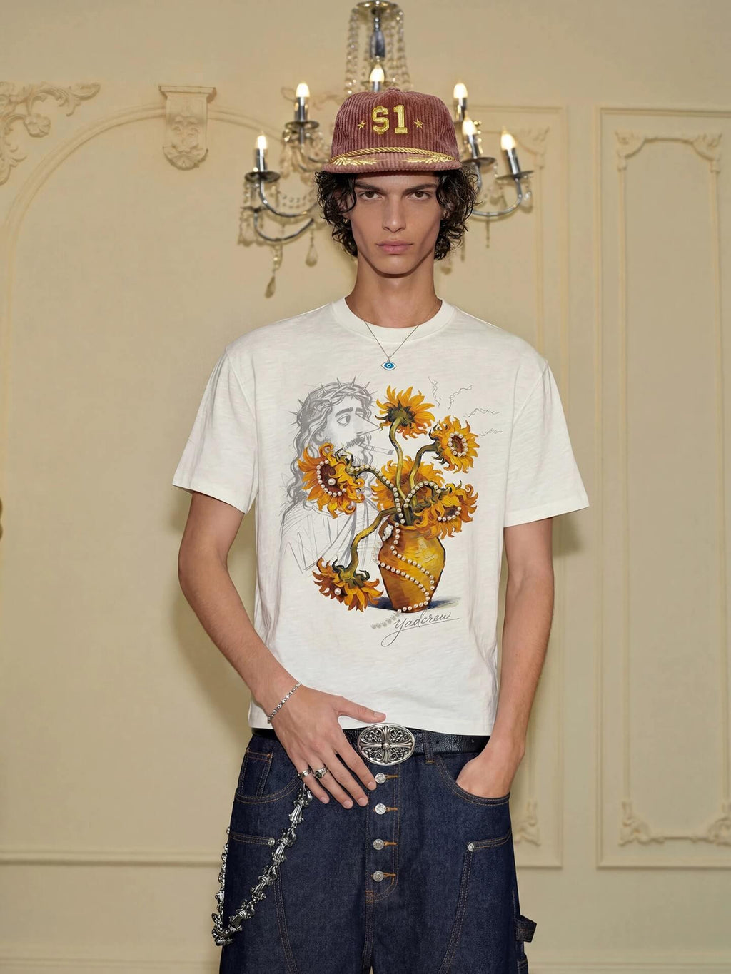 YADcrew Sunflower Jesus Print Pearl Embellished Tee