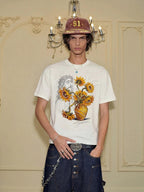 YADcrew Sunflower Jesus Print Pearl Embellished Tee
