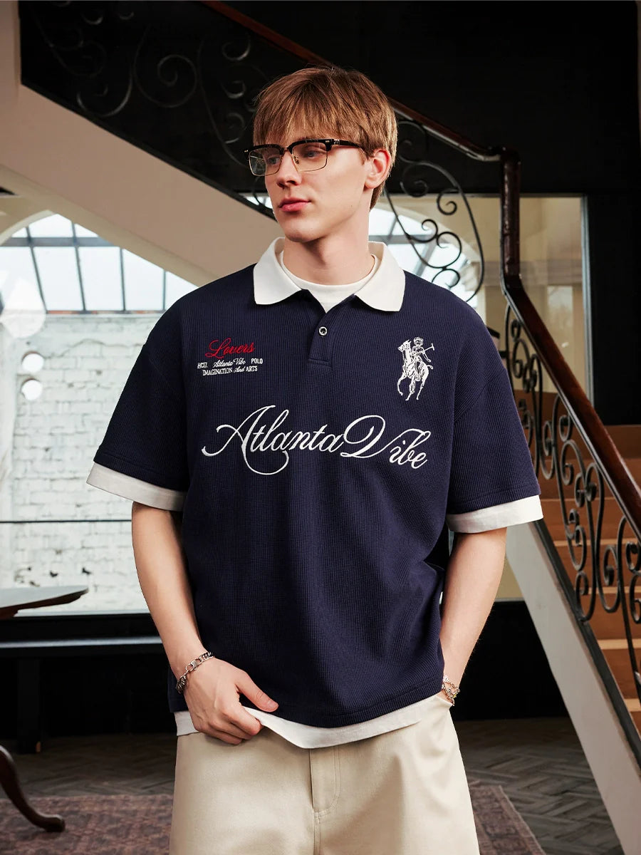 Harsh and Cruel Waffle Knit Embroidered Layered Polo