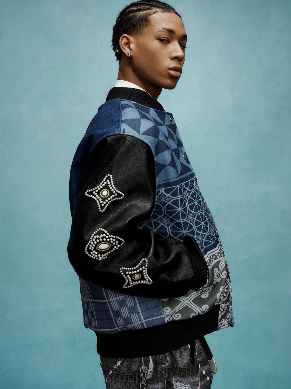 YADcrew x MEDM Patchwork Ethnic Pattern Varsity Jacket