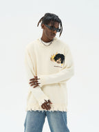 Harsh and Cruel Cartoon Face Distressed Knit Sweater
