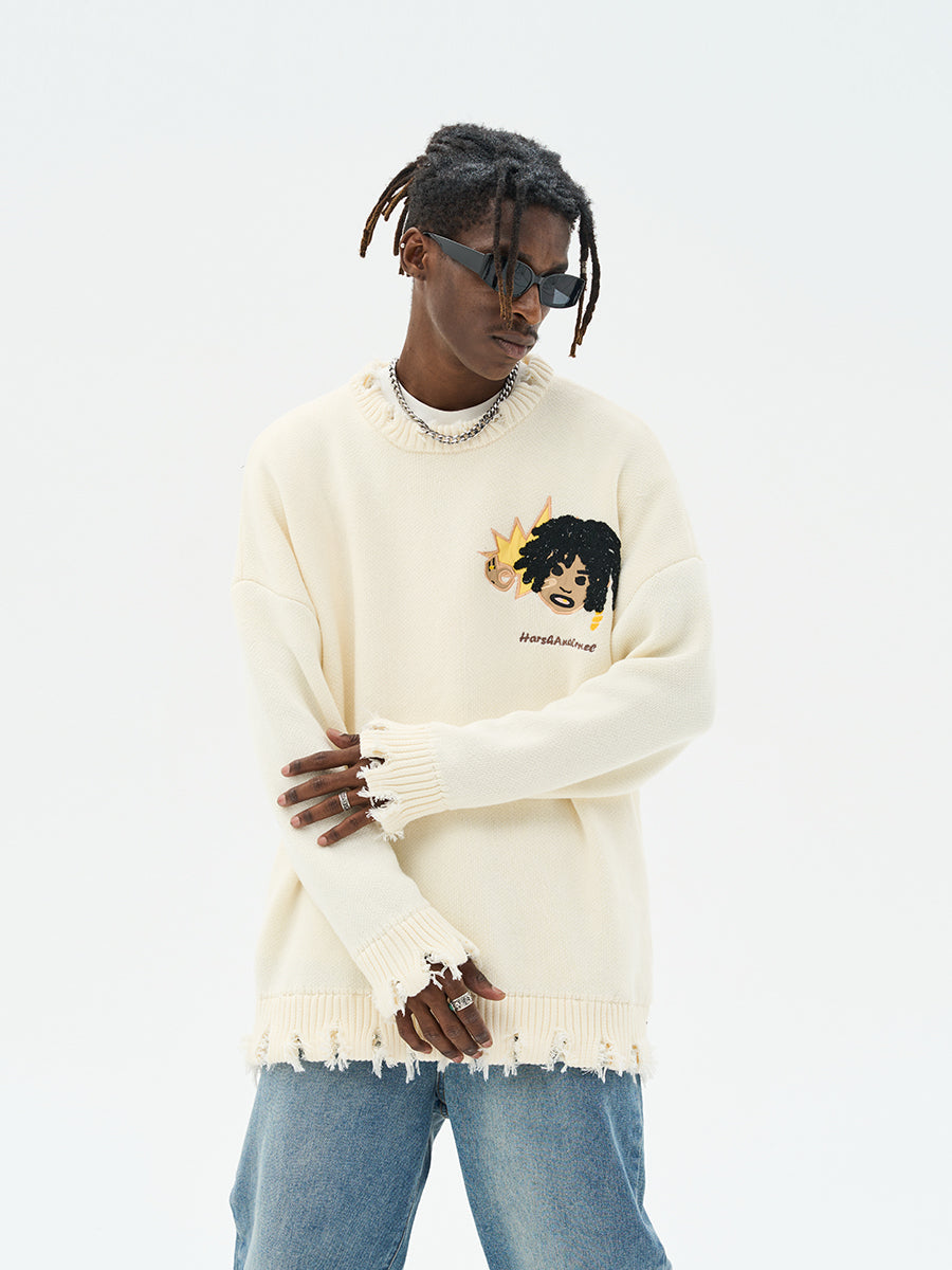 Harsh and Cruel Cartoon Face Distressed Knit Sweater