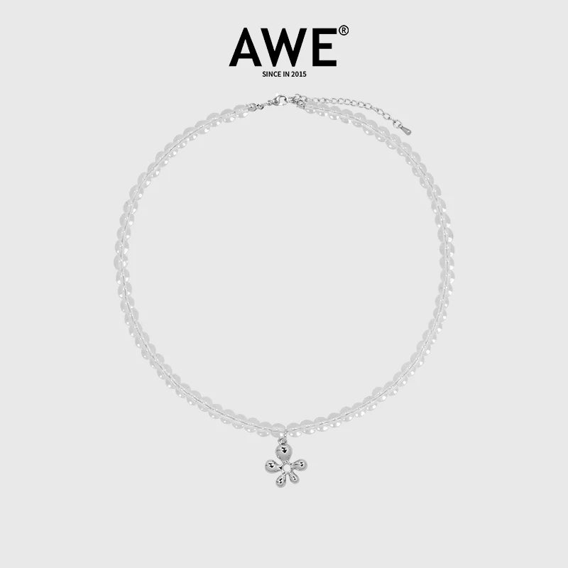 AWE Silver Irregular Flower Crystal Beaded Necklace
