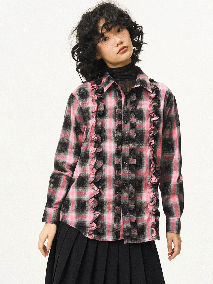 EMPTY REFERENCE Lace Plaid Pink Long Sleeve Shirt
