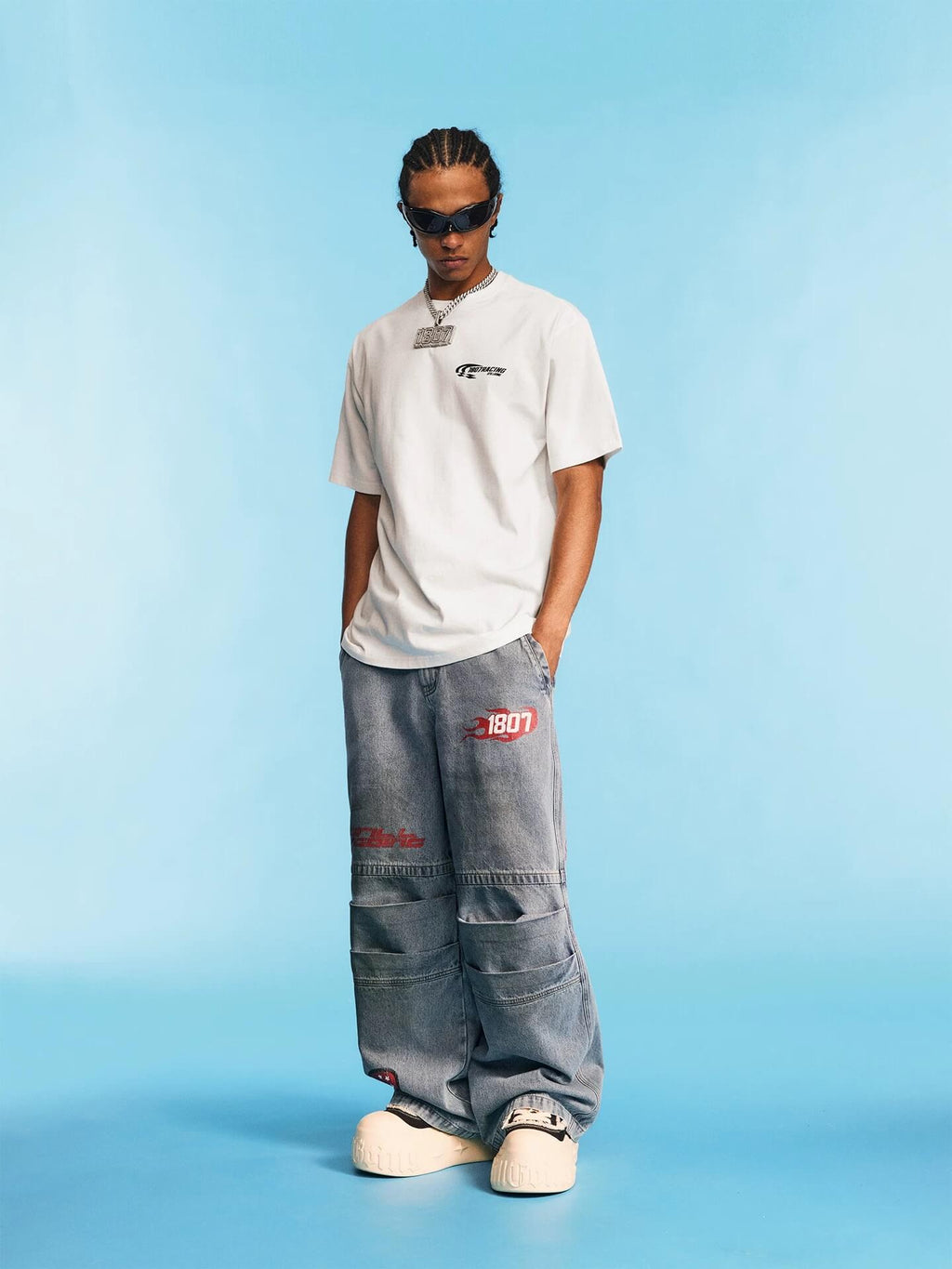 1807 Racing Crackle Print Washed Baggy Jeans