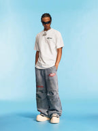 1807 Racing Crackle Print Washed Baggy Jeans