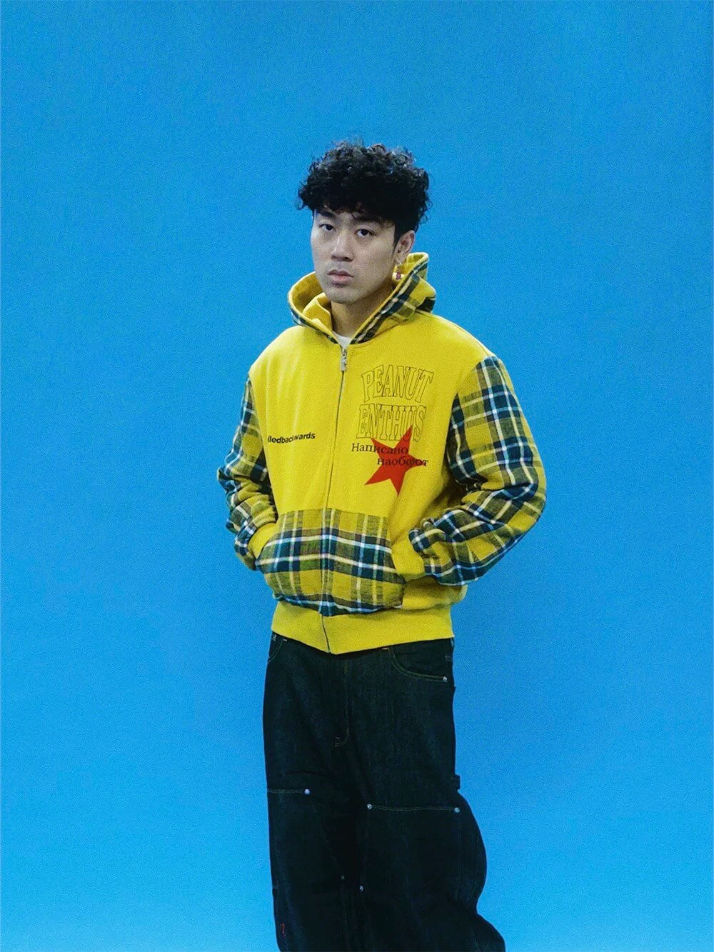 EVETS Contrast Plaid Patchwork Zip Up Hoodie