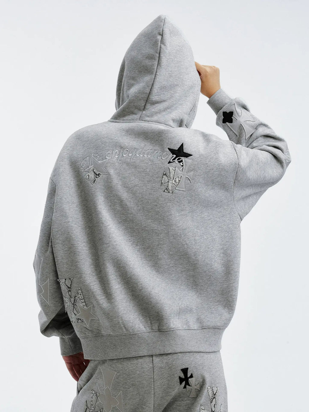 MEDM Cross Star Leather Patchwork Zip Up Hoodie