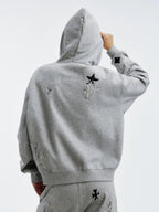 MEDM Cross Star Leather Patchwork Zip Up Hoodie