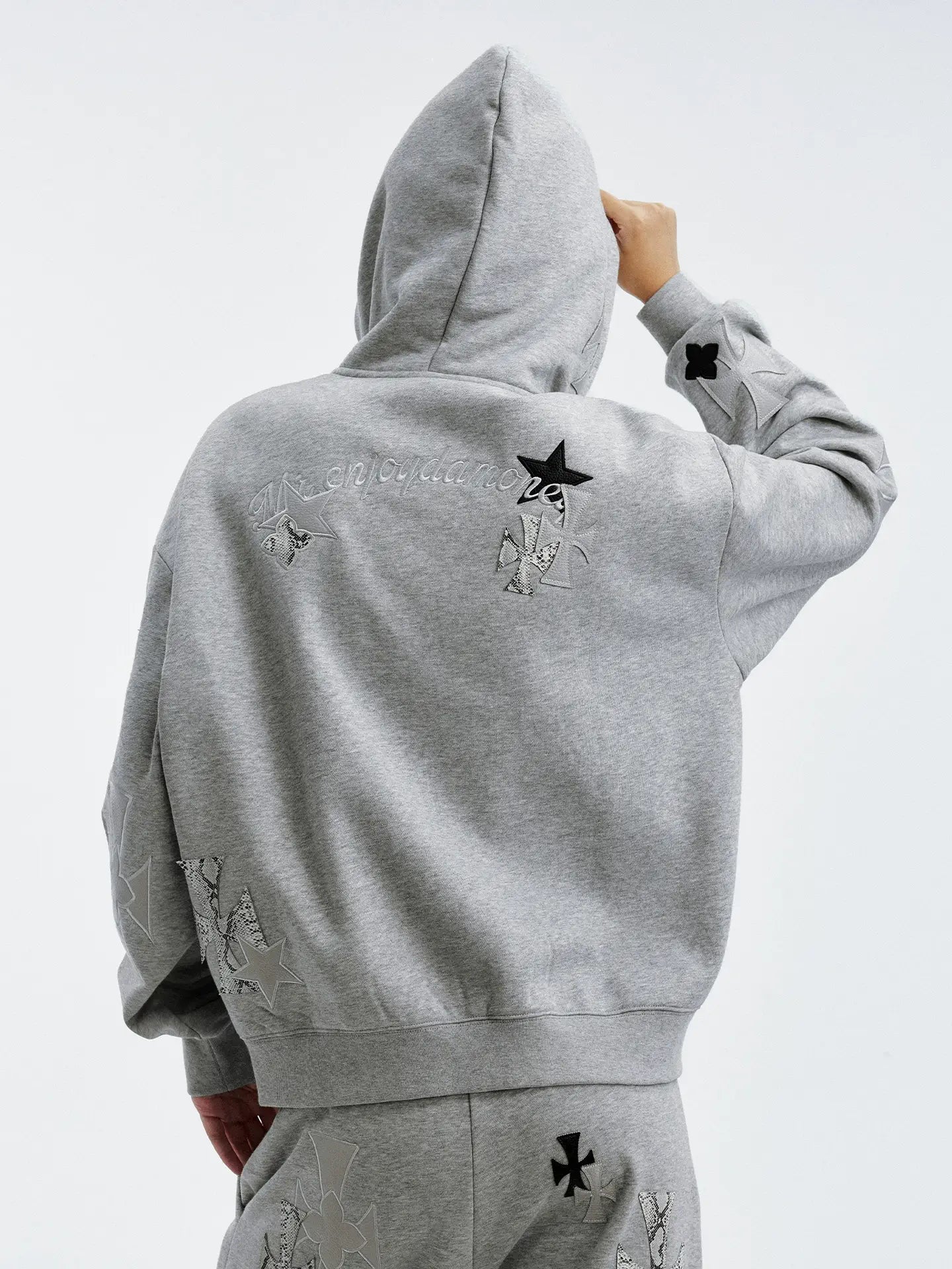 MEDM Cross Star Leather Patchwork Zip Up Hoodie