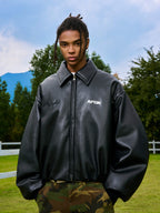 AFGK Embroidered Leather Short Bomber Jacket